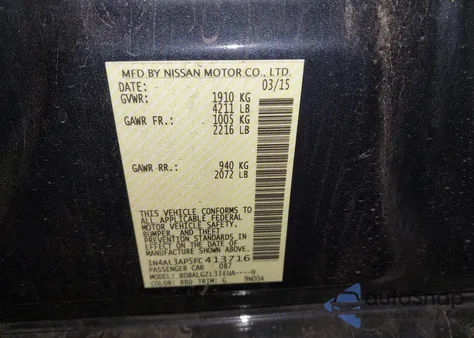 2015 Nissan Altima 2.5 S z USA, uszkodzony, nr VIN 1N4AL3AP5FC413716